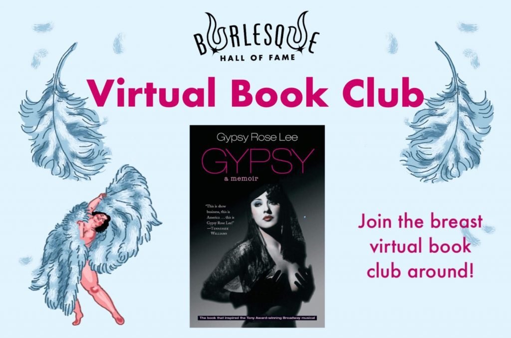 BHoF Virtual Book Club; image shows cover of Gypsy Rose Lee's book "Gypsy" and an illustrated fan dancer