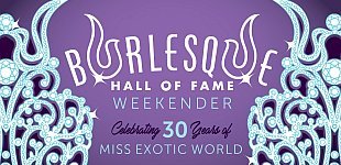 Image of rhinestoned crown on purple background with text "Burlesque Hall of Fame Weekender: Celebrating 30 Years of Miss Exotic World"