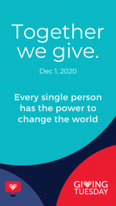 #GivingTuesday logo "TOgether we give", white text on turquoise background