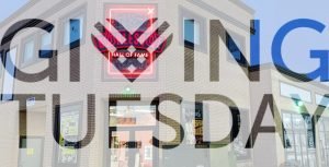 #GivingTuesday logo superimposed over photo of BHoF facade
